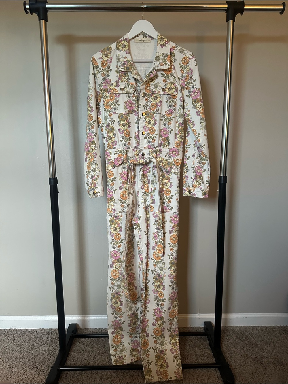 Floral Tie-Waist Jumpsuit in Cream with Pink & Orange Blooms
